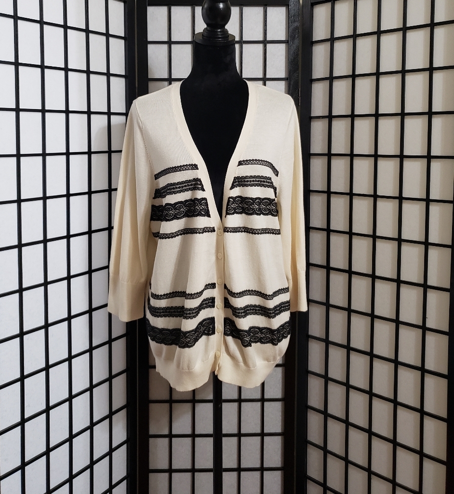 ​Lane Bryant Lace Stripe Cardigan Sweater Ivory Black 22/24